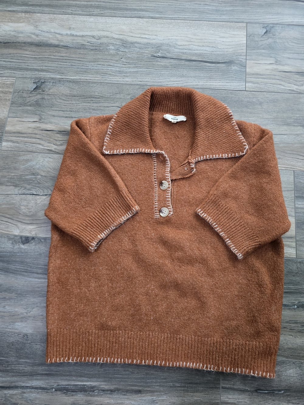 entro Rust Brown V-Neck Polo Sweater with Contrast Stitch